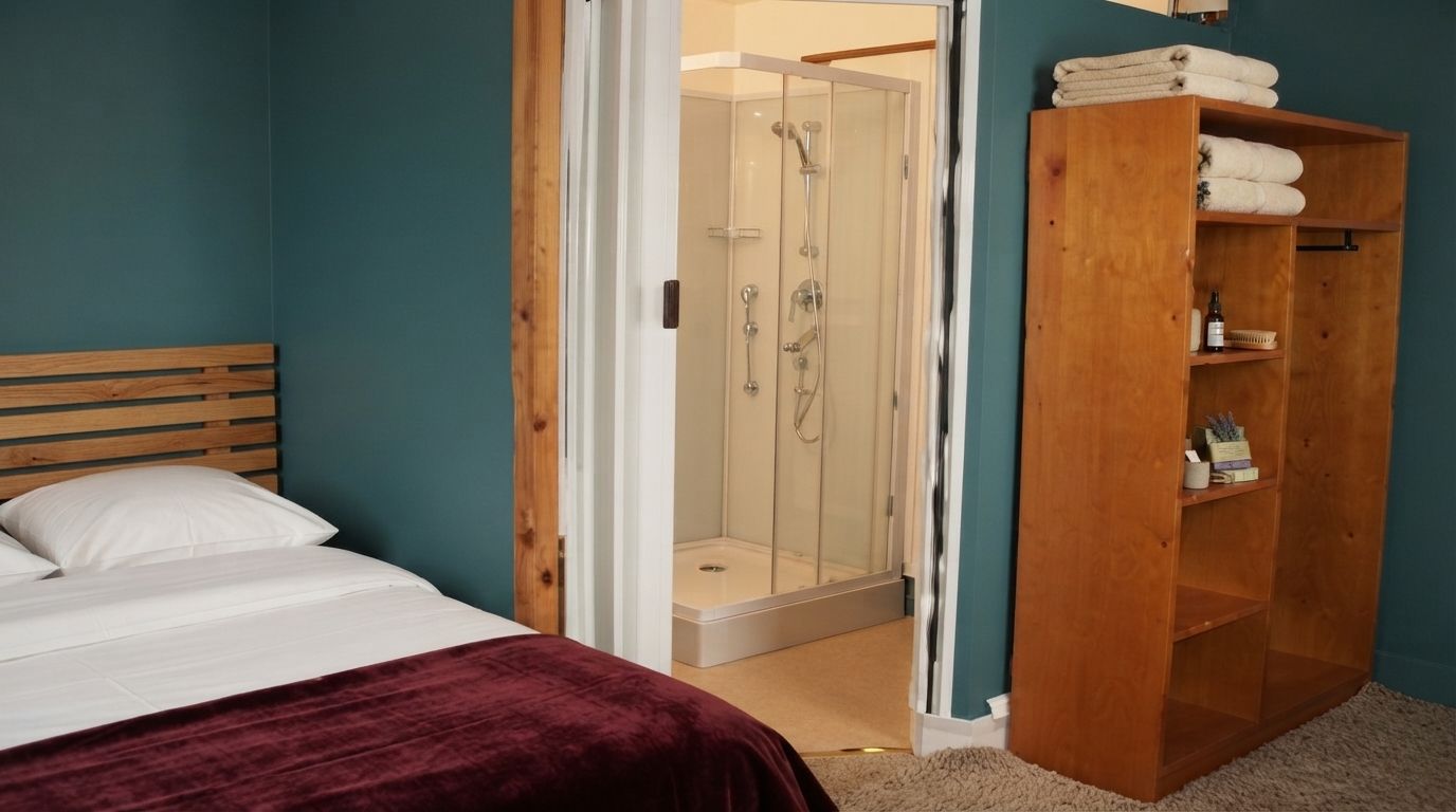 Chambre avec lit double et salle d'eau à l'Hôtel L'Aiglon, Limoges